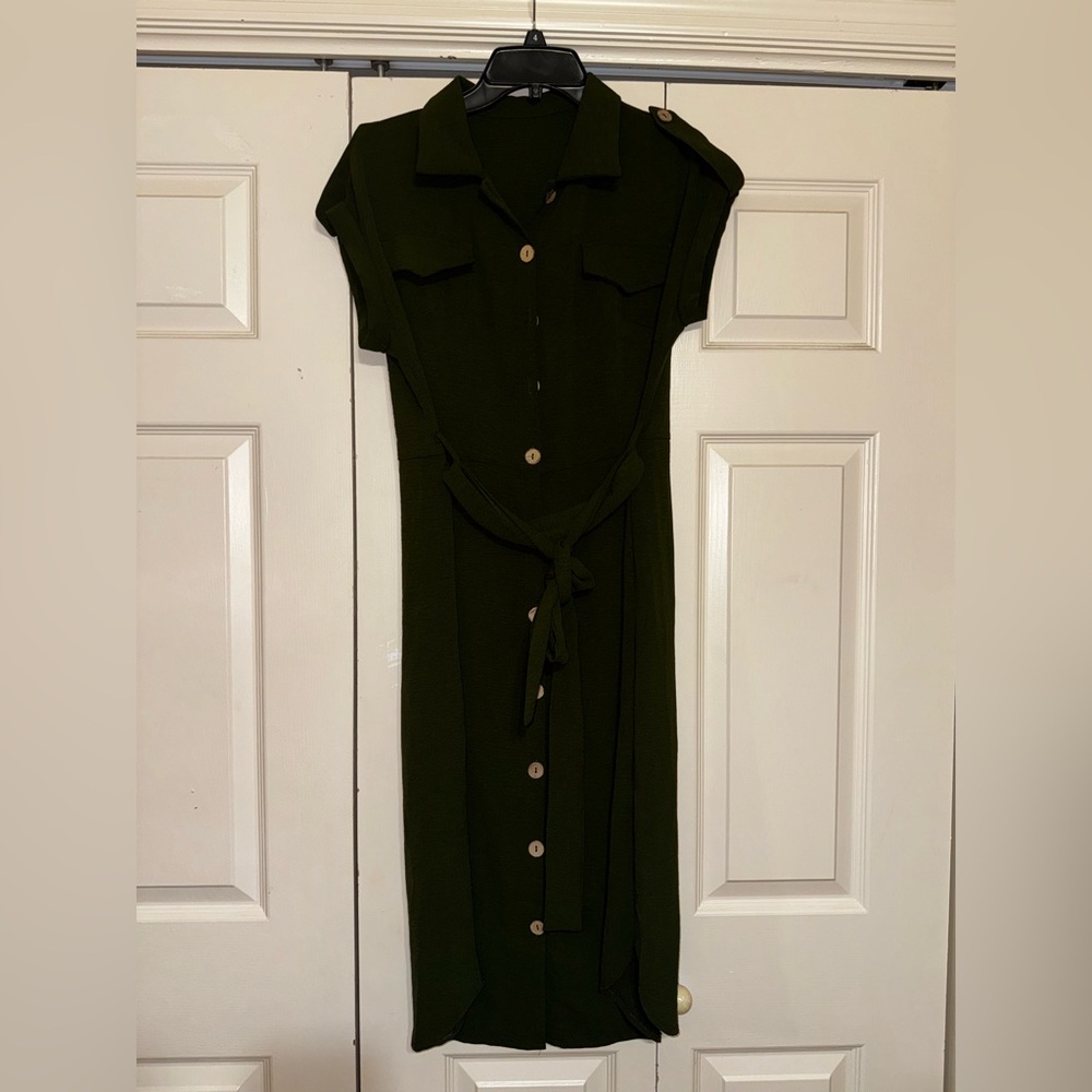Elegant Olive Midi Dress with Button Detail